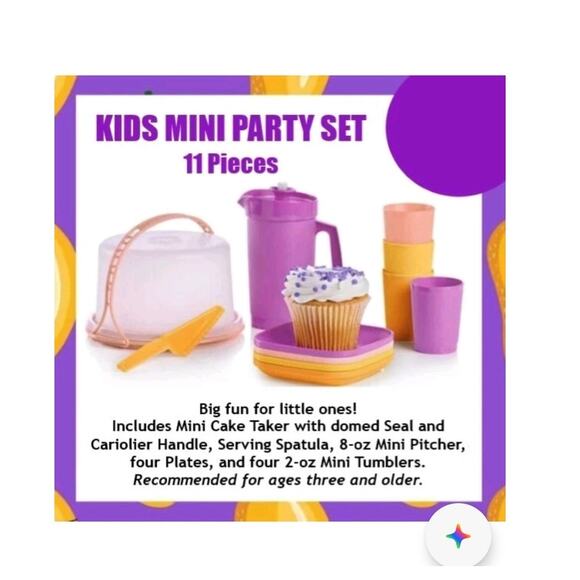 Tupperware KIDS MINI PARTY SET 11 PC-Cake Taker/Pitcher/Plates/Tumblers-NEW - Picture 1 of 2
